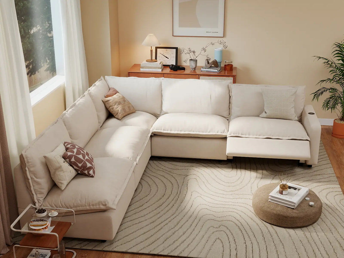 5 Piece Beige Linen Large Space V Shaped Sectionals 5 Seater 7