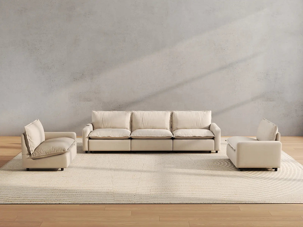 5 Piece Beige Linen Luxury Villa U Shaped Sectionals 5 Seater 5