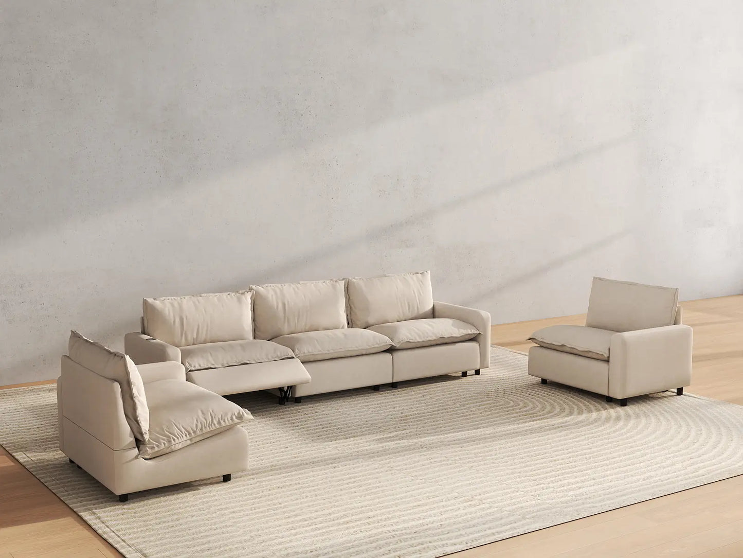 5 Piece Beige Linen Luxury Villa U Shaped Sectionals 5 Seater 6