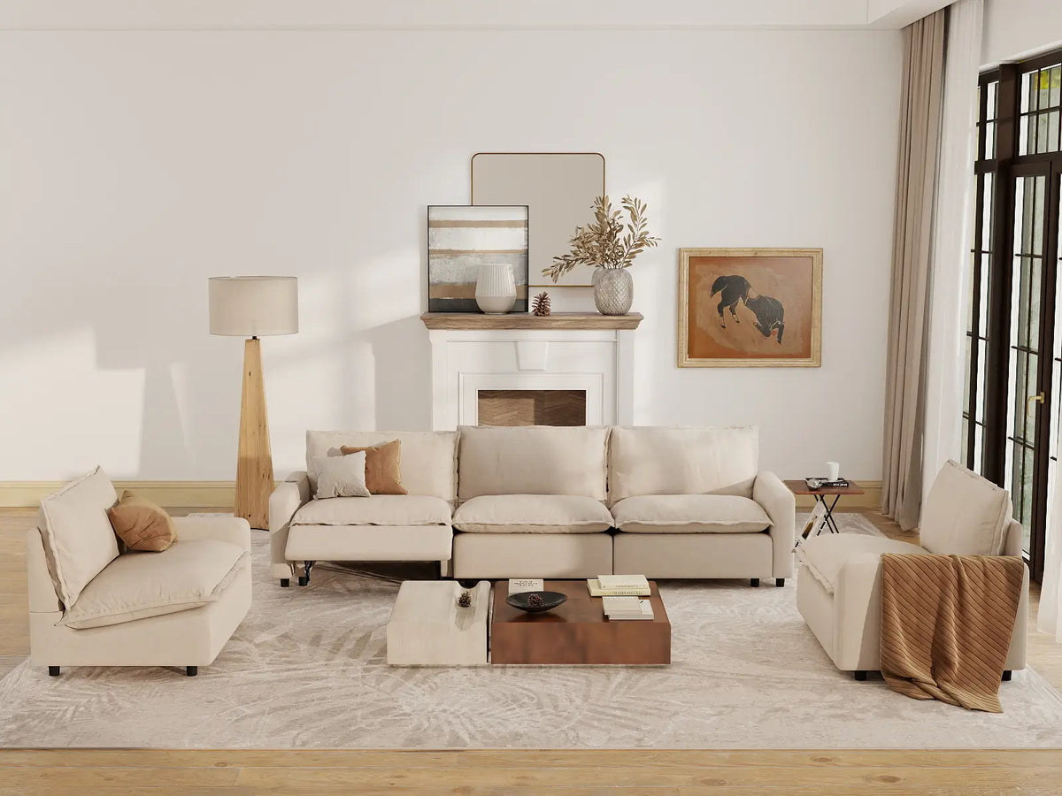 5 Piece Beige Linen Luxury Villa U Shaped Sectionals 5 Seater 7