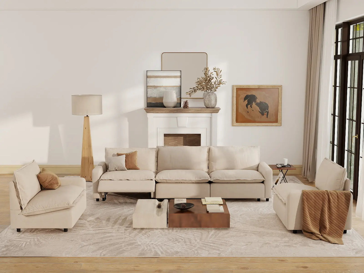 5 Piece Beige Linen Luxury Villa U Shaped Sectionals 5 Seater 7