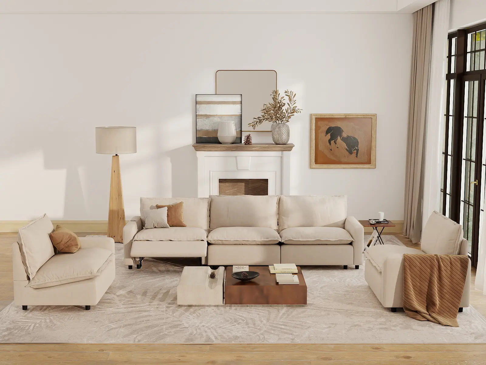 5 Piece Beige Linen Luxury Villa U Shaped Sectionals 5 Seater 7