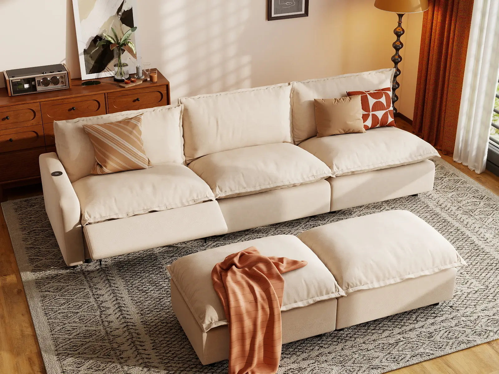 5 Piece Beige Linen Open Plan Sofa Sets 3 Seater with 2 Ottomans 1