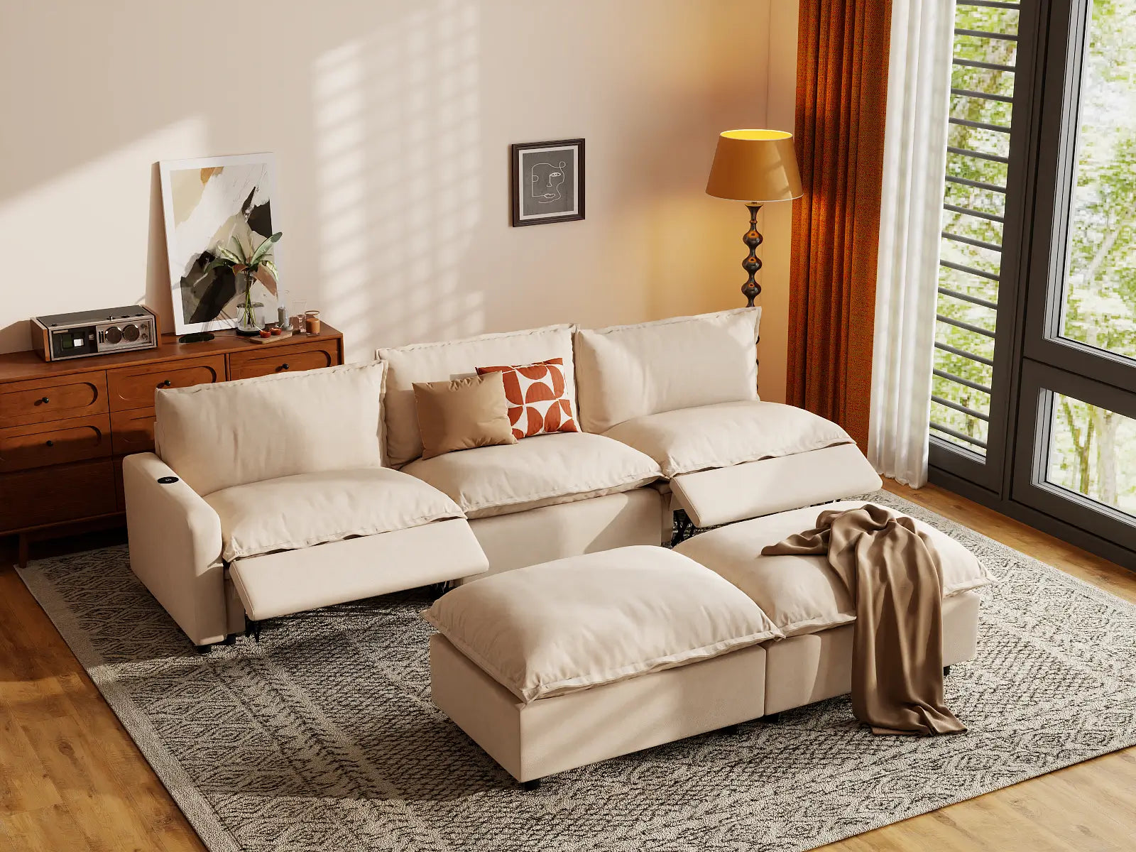 Modular Cero Recliner Sofa Set | 5-Piece Beige Linen Open Plan Sofa Sets 3-Seater with 2-Ottomans