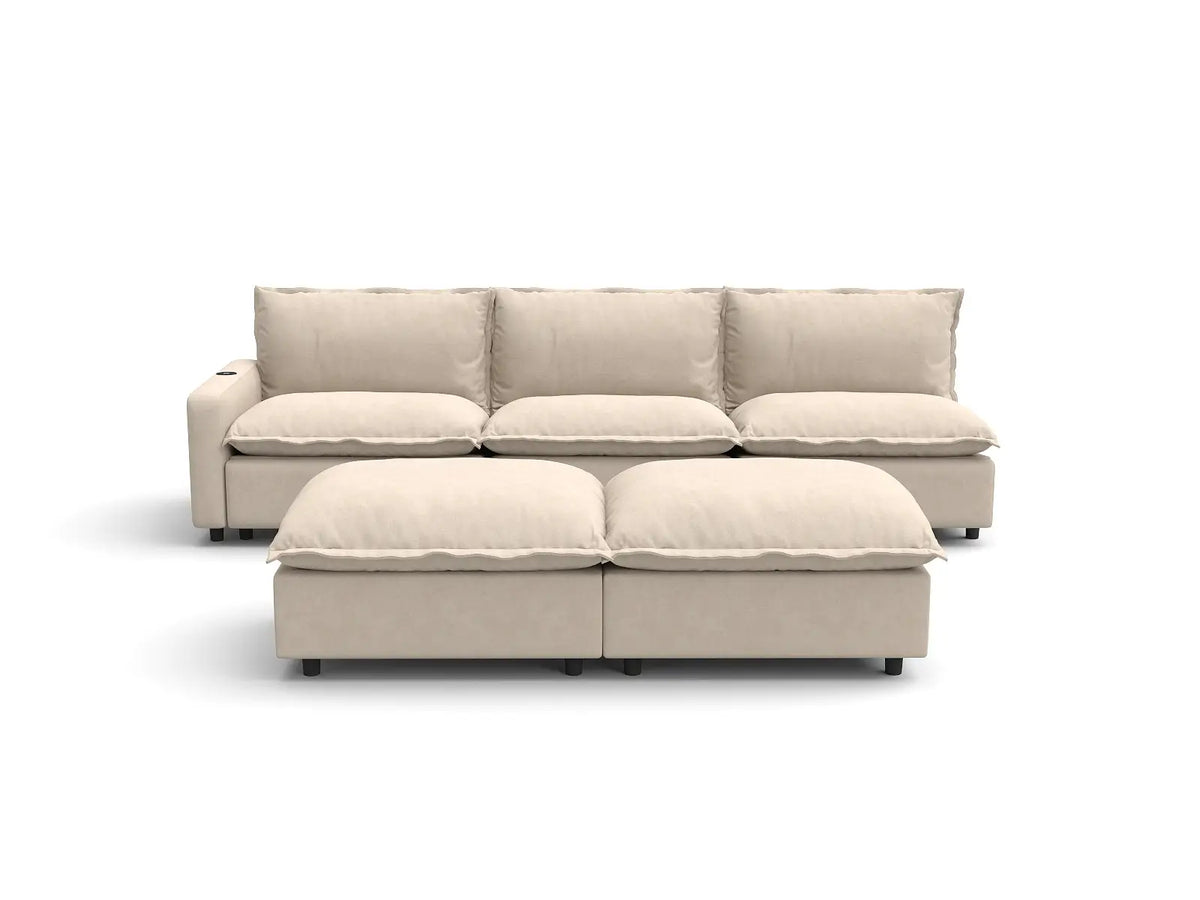 Modular Cero Reclining Sectionals | 5-Piece Beige Linen Open Plan Sofa Sets 3-Seater with 2-Ottomans