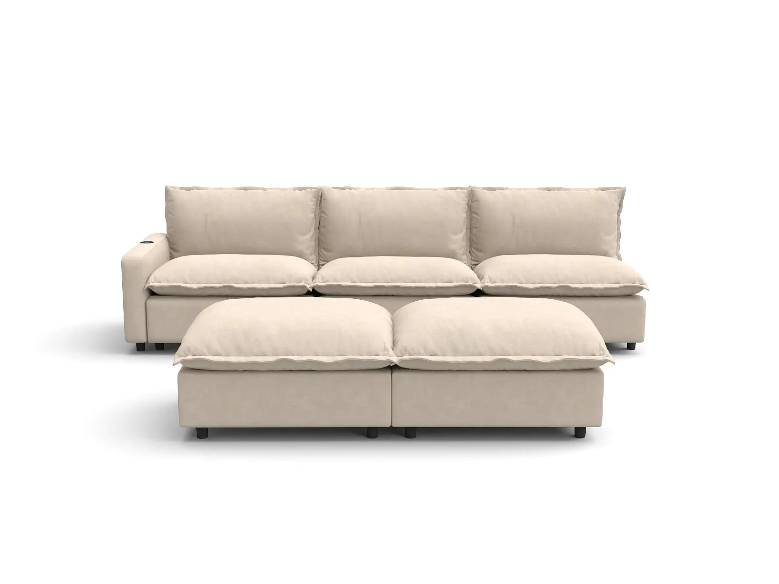 Modular Cero Recliner Sofa Set | 5-Piece Beige Linen Open Plan Sofa Sets 3-Seater with 2-Ottomans