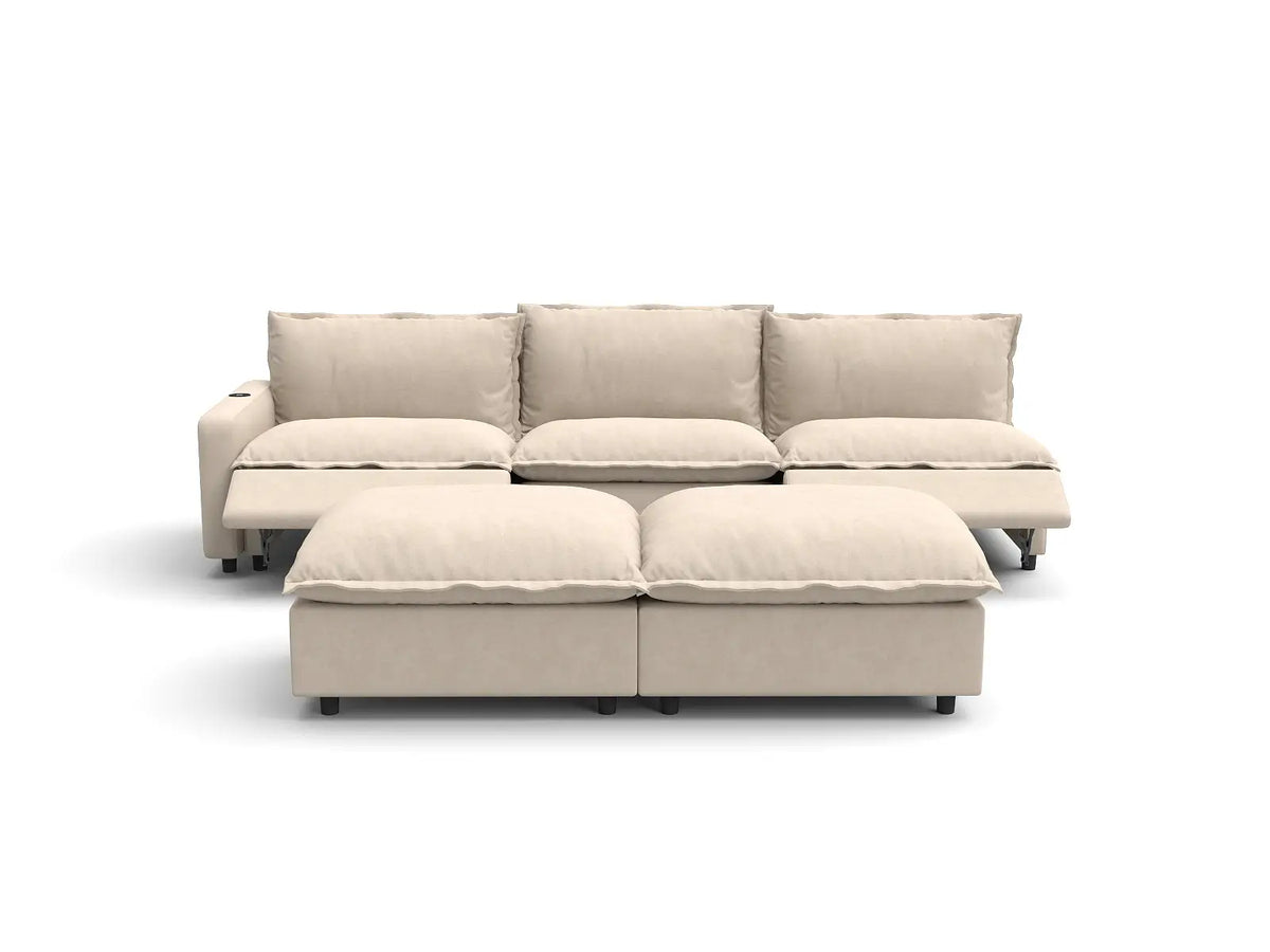 Modular Cero Reclining Sectionals | 5-Piece Beige Linen Open Plan Sofa Sets 3-Seater with 2-Ottomans