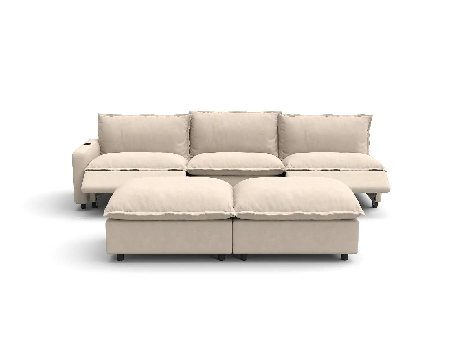 Modular Cero Recliner Sofa Set | 5-Piece Beige Linen Open Plan Sofa Sets 3-Seater with 2-Ottomans