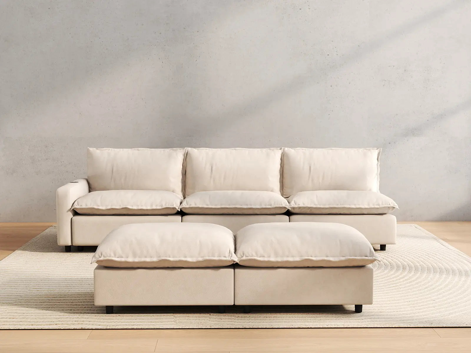 5 Piece Beige Linen Open Plan Sofa Sets 3 Seater with 2 Ottomans 4