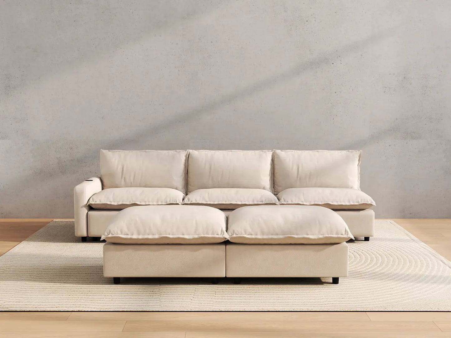 Modular Cero Reclining Sectionals | 5-Piece Beige Linen Open Plan Sofa Sets 3-Seater with 2-Ottomans