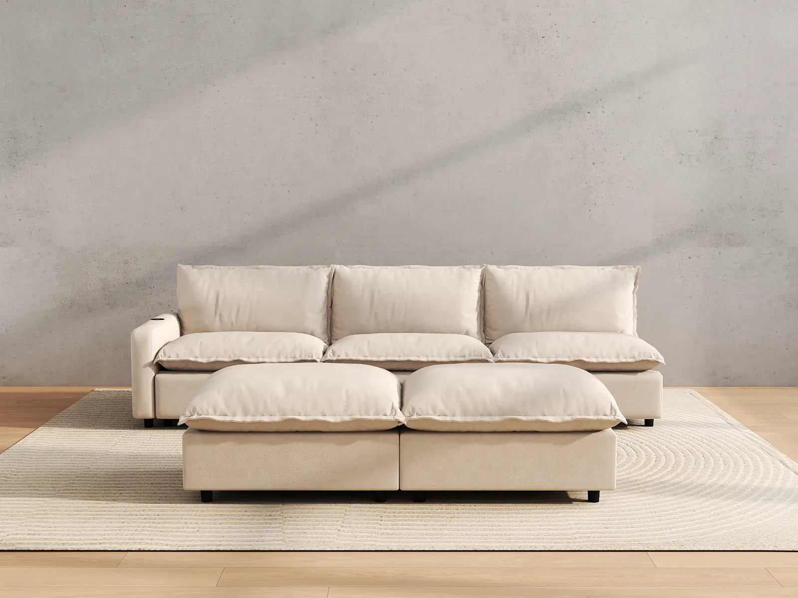Modular Cero Recliner Sofa Set | 5-Piece Beige Linen Open Plan Sofa Sets 3-Seater with 2-Ottomans