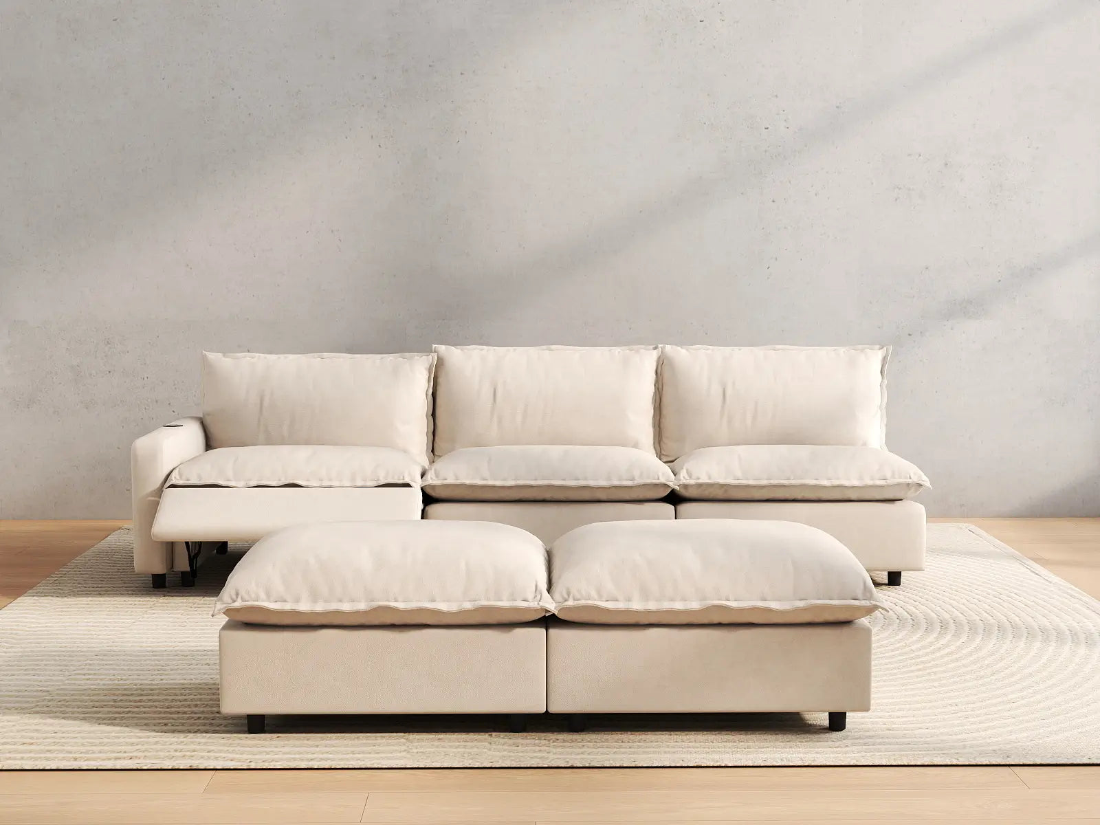 5 Piece Beige Linen Open Plan Sofa Sets 3 Seater with 2 Ottomans 5