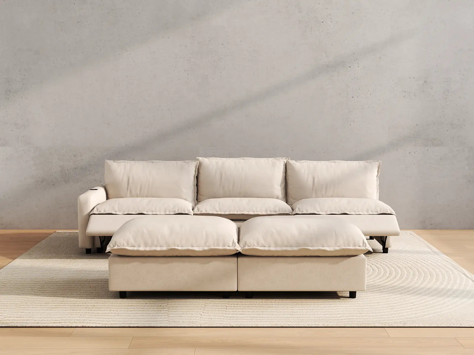 Modular Cero Recliner Sofa Set | 5-Piece Beige Linen Open Plan Sofa Sets 3-Seater with 2-Ottomans
