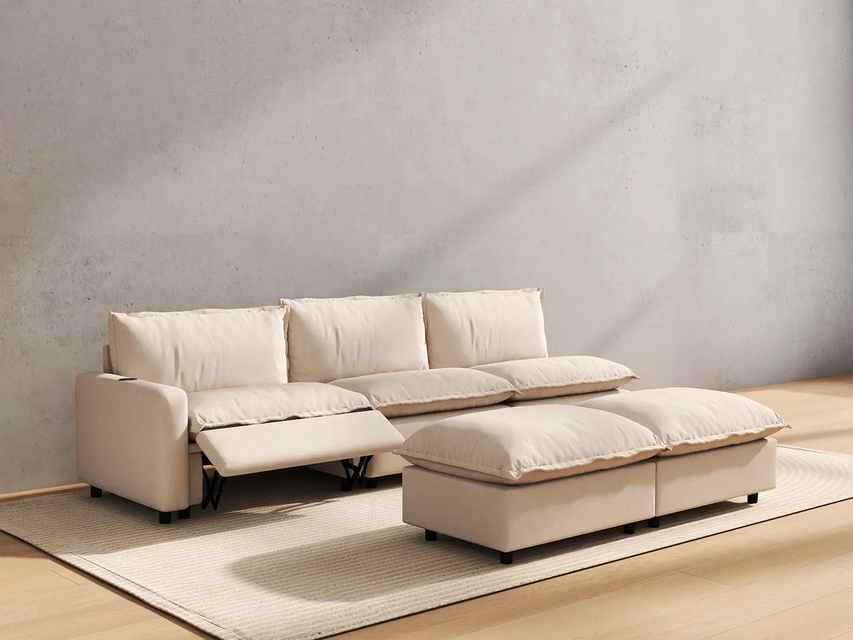 5 Piece Beige Linen Open Plan Sofa Sets 3 Seater with 2 Ottomans 6