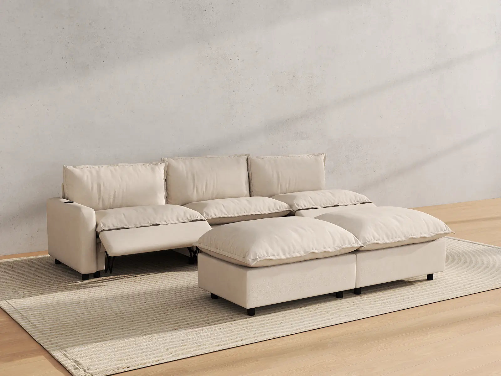 Modular Cero Recliner Sofa Set | 5-Piece Beige Linen Open Plan Sofa Sets 3-Seater with 2-Ottomans
