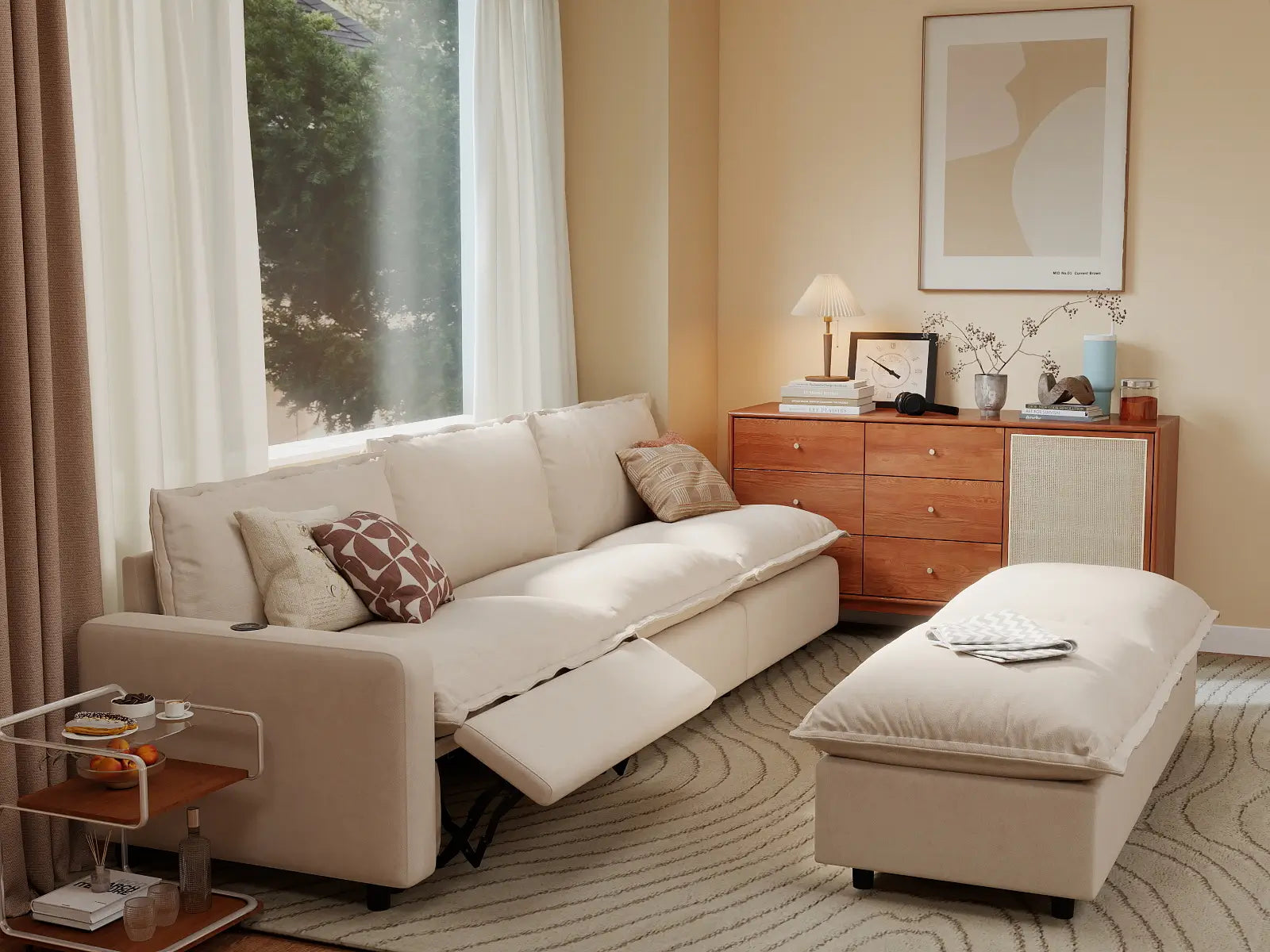 5 Piece Beige Linen Open Plan Sofa Sets 3 Seater with 2 Ottomans 7