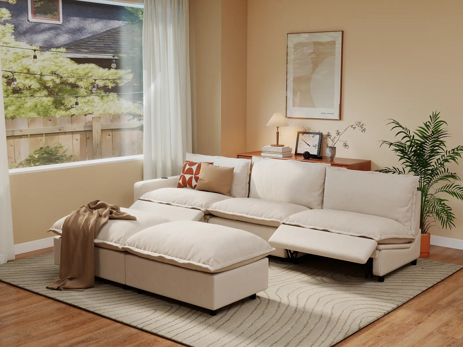 Modular Cero Recliner Sofa Set | 5-Piece Beige Linen Open Plan Sofa Sets 3-Seater with 2-Ottomans
