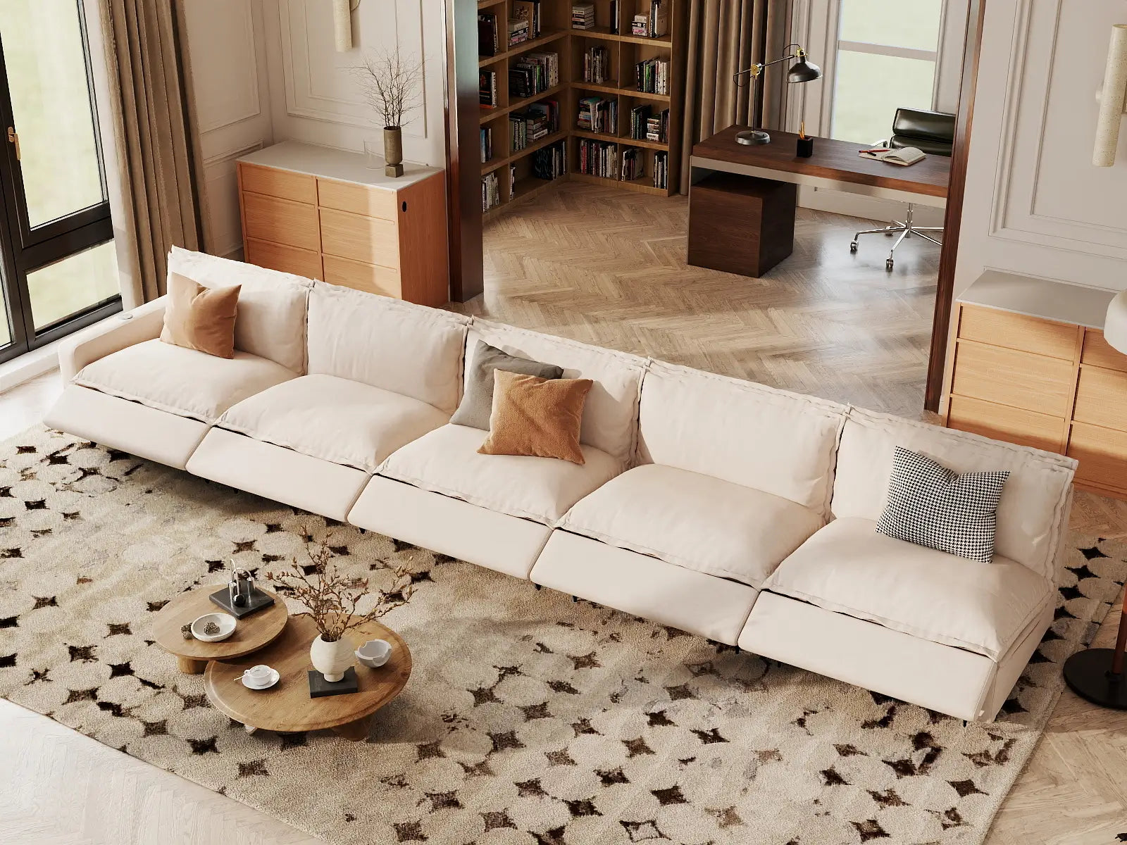 5 Piece Beige Linen Single Family Couch Sectionals 5 Seater 7