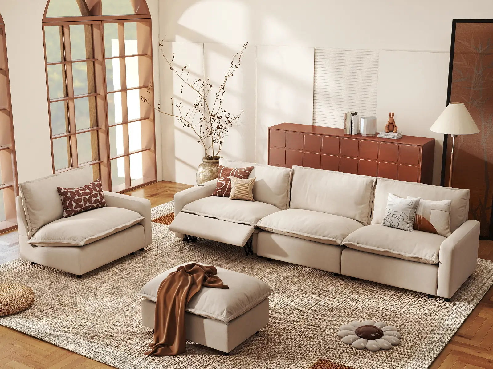 5 Piece Beige Linen Tired Leg Relief Sofa Sets 4 Seater with 1 Ottoman 1