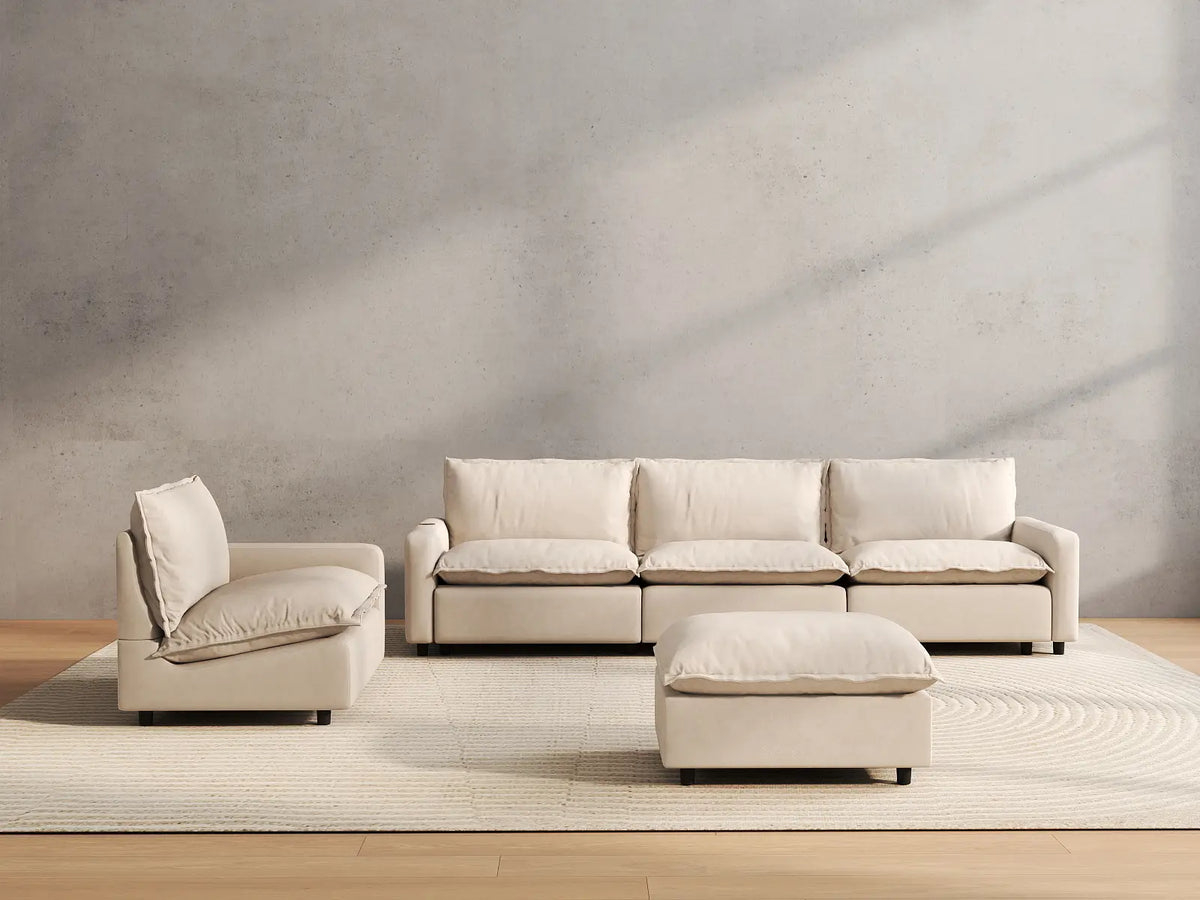 5 Piece Beige Linen Tired Leg Relief Sofa Sets 4 Seater with 1 Ottoman 4