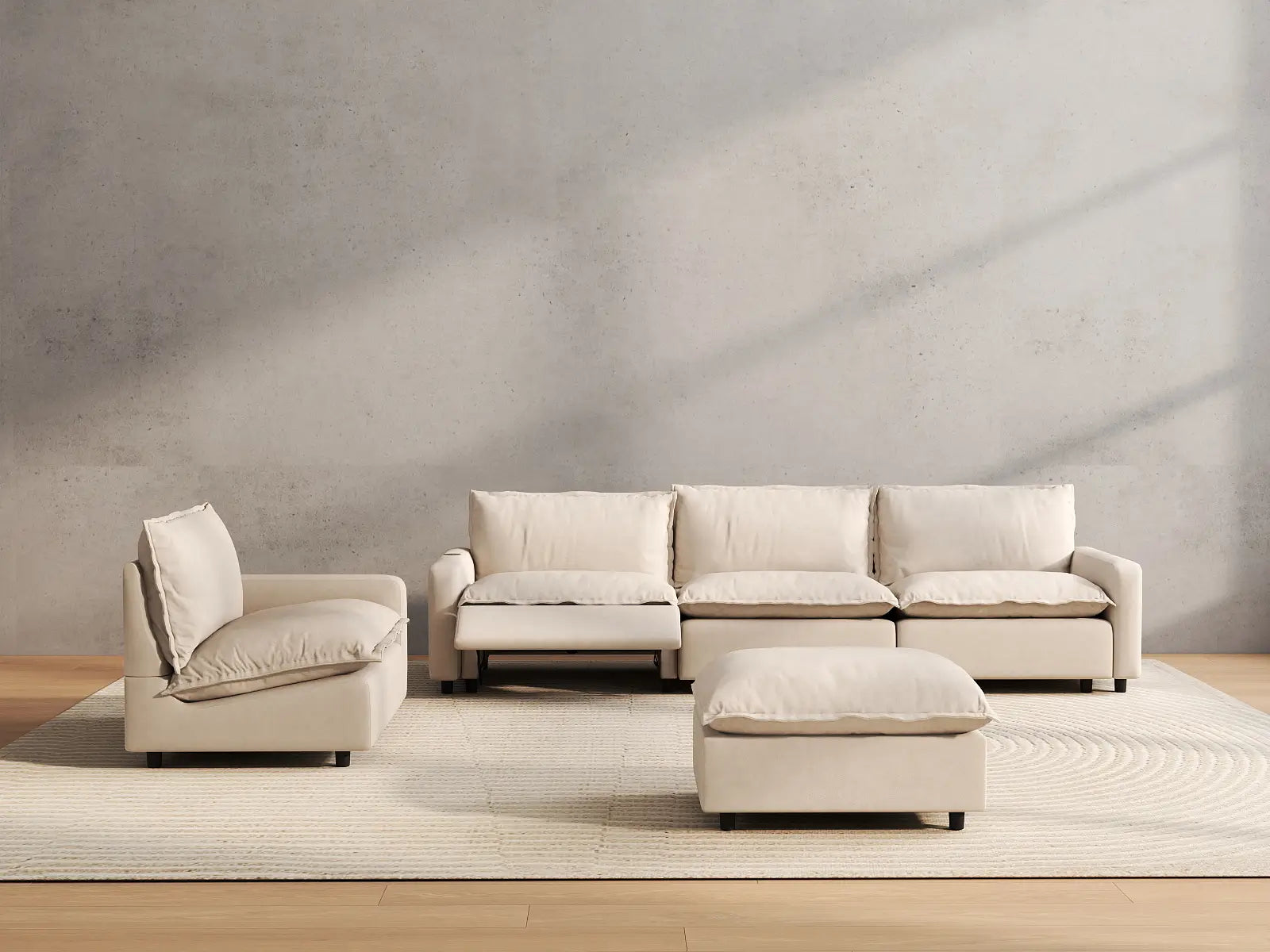 5 Piece Beige Linen Tired Leg Relief Sofa Sets 4 Seater with 1 Ottoman 5