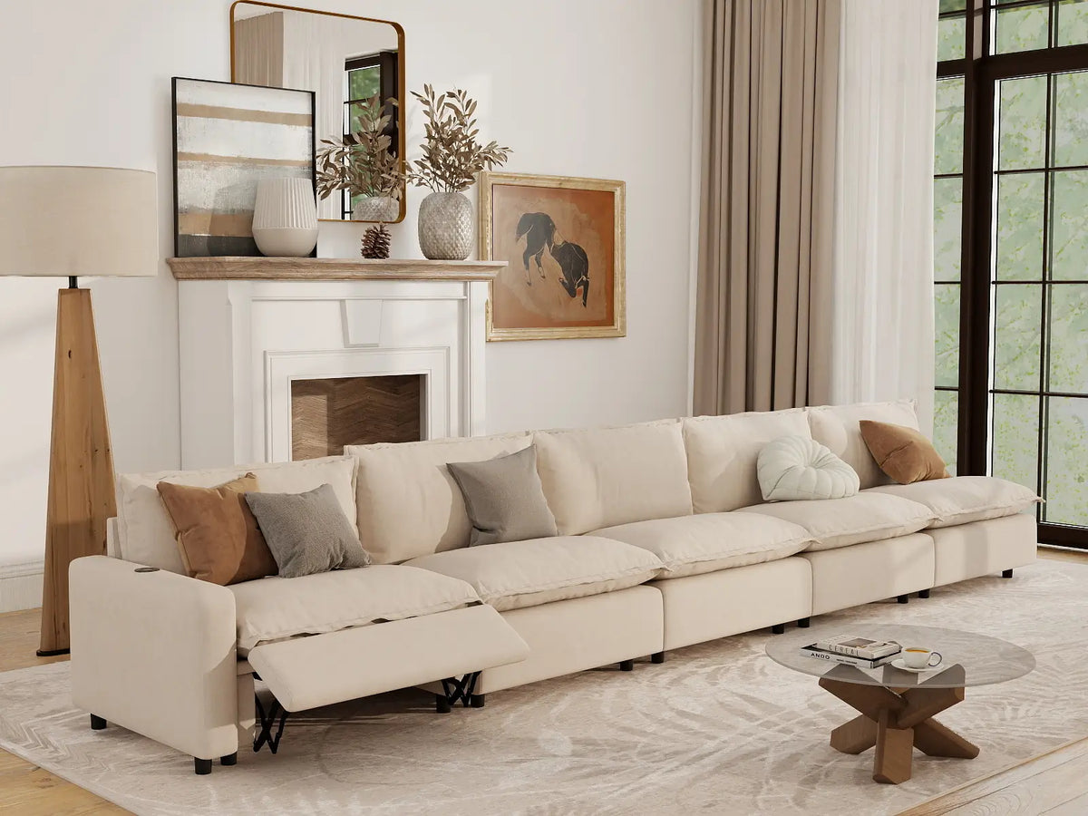 5 Piece Beige Linen Townhouse Couch Sectionals 5 Seater 1