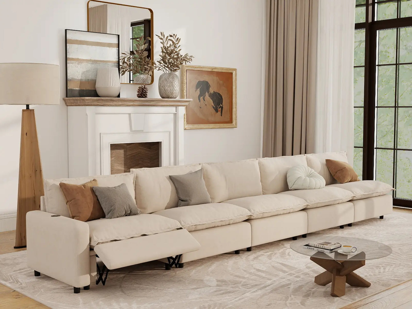 5 Piece Beige Linen Townhouse Couch Sectionals 5 Seater 1