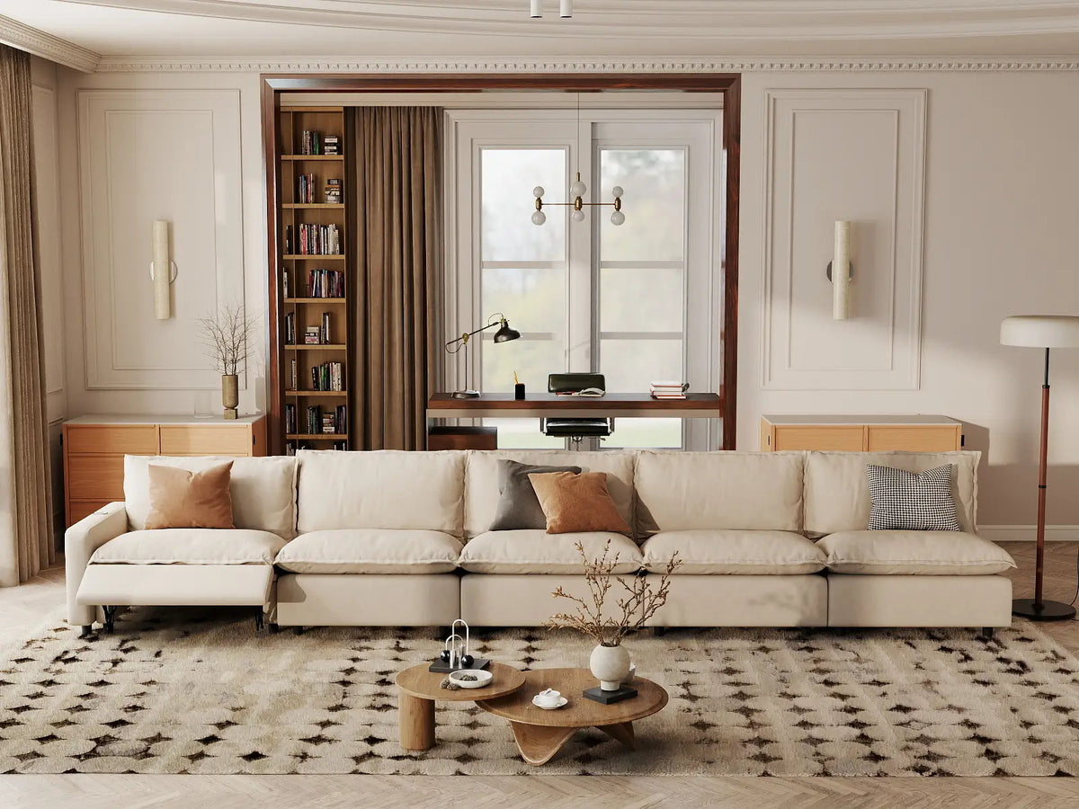 Modular Cero Reclining Sectionals | 5-Piece Beige Linen Townhouse Couch Sectionals 5-Seater