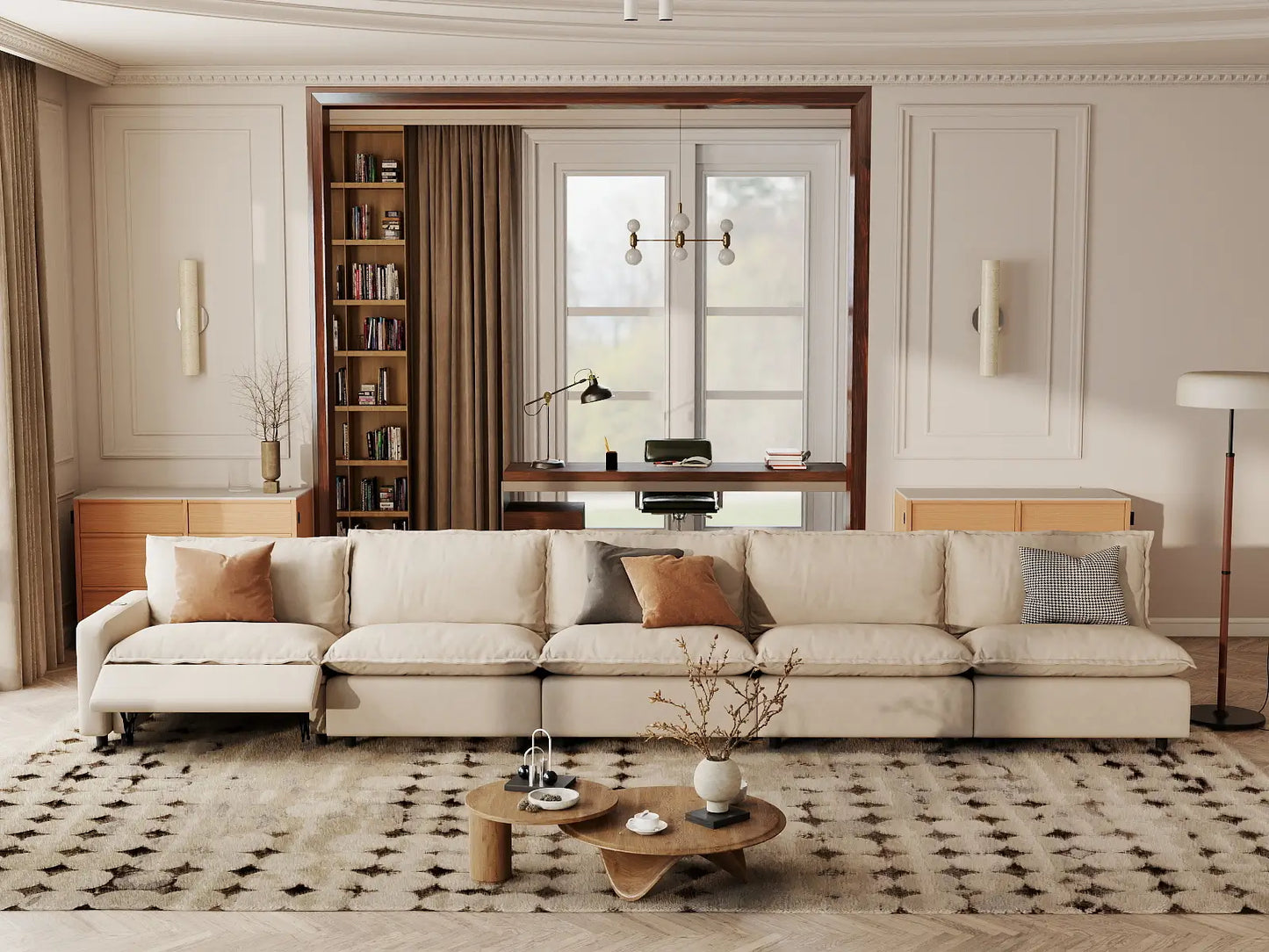 Modular Cero Reclining Sectionals | 5-Piece Beige Linen Townhouse Couch Sectionals 5-Seater