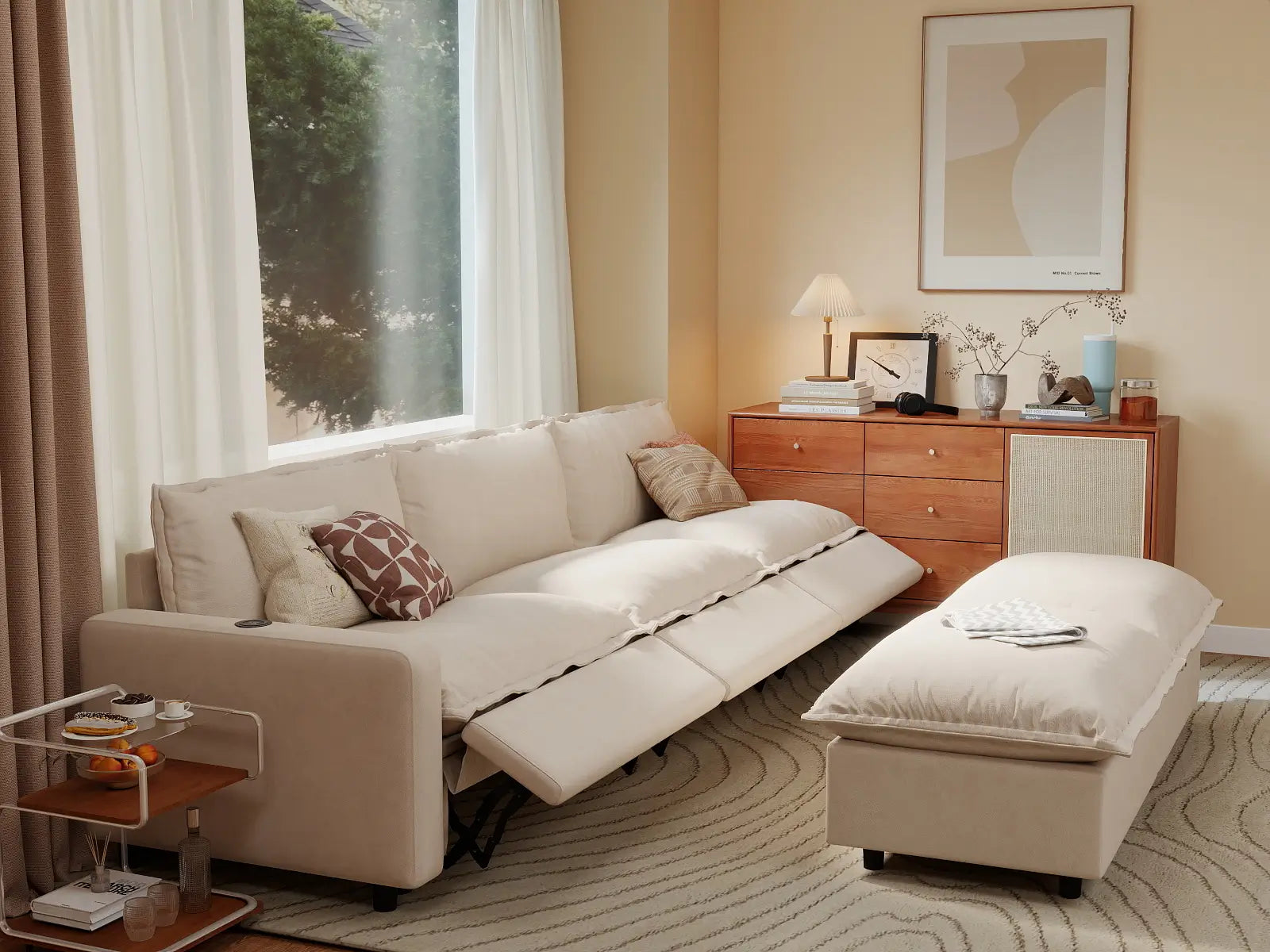 5 Piece Beige Linen Urban Chic Sofa Sets 3 Seater with 2 Ottomans 1