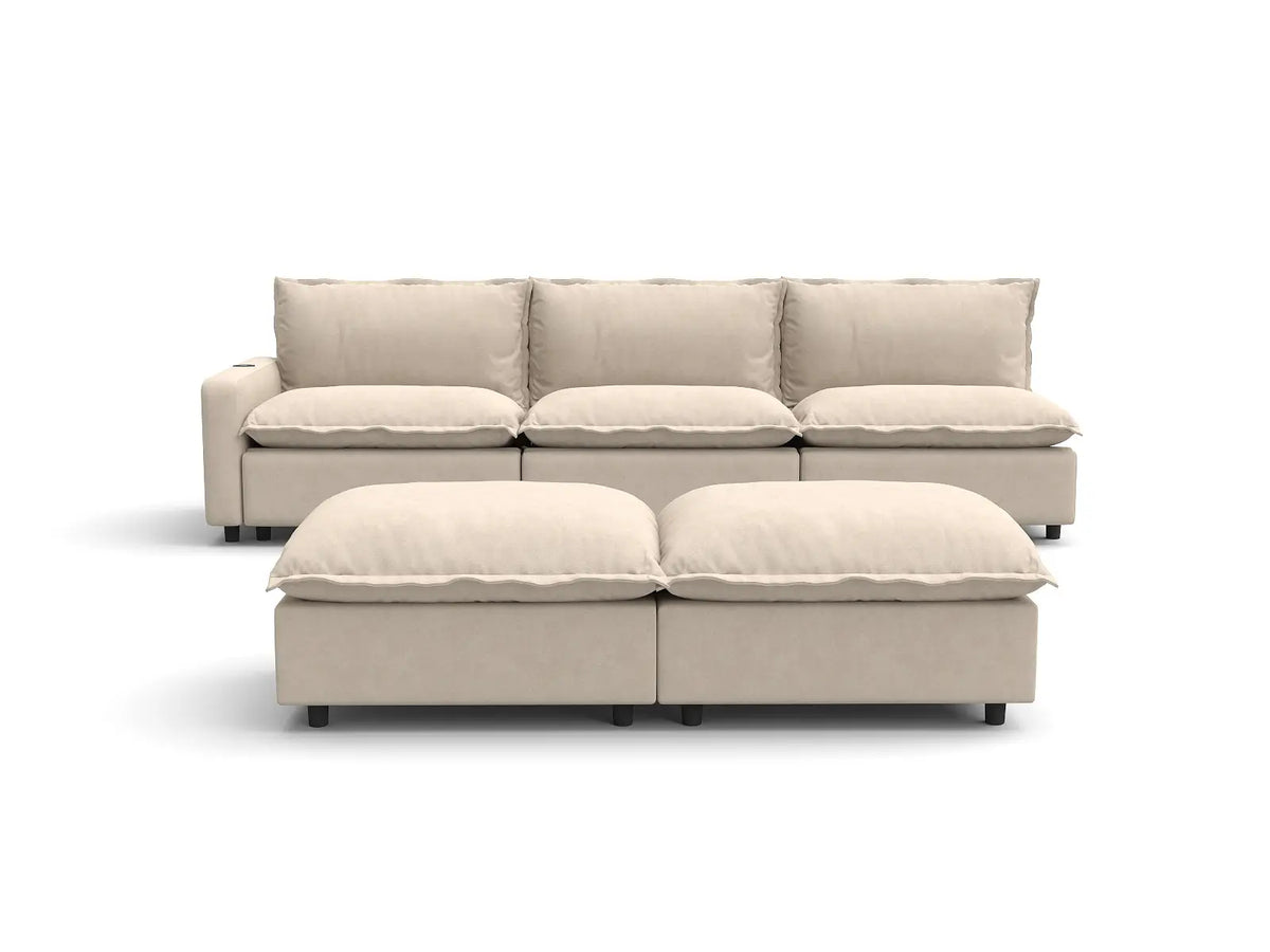 5 Piece Beige Linen Urban Chic Sofa Sets 3 Seater with 2 Ottomans 2