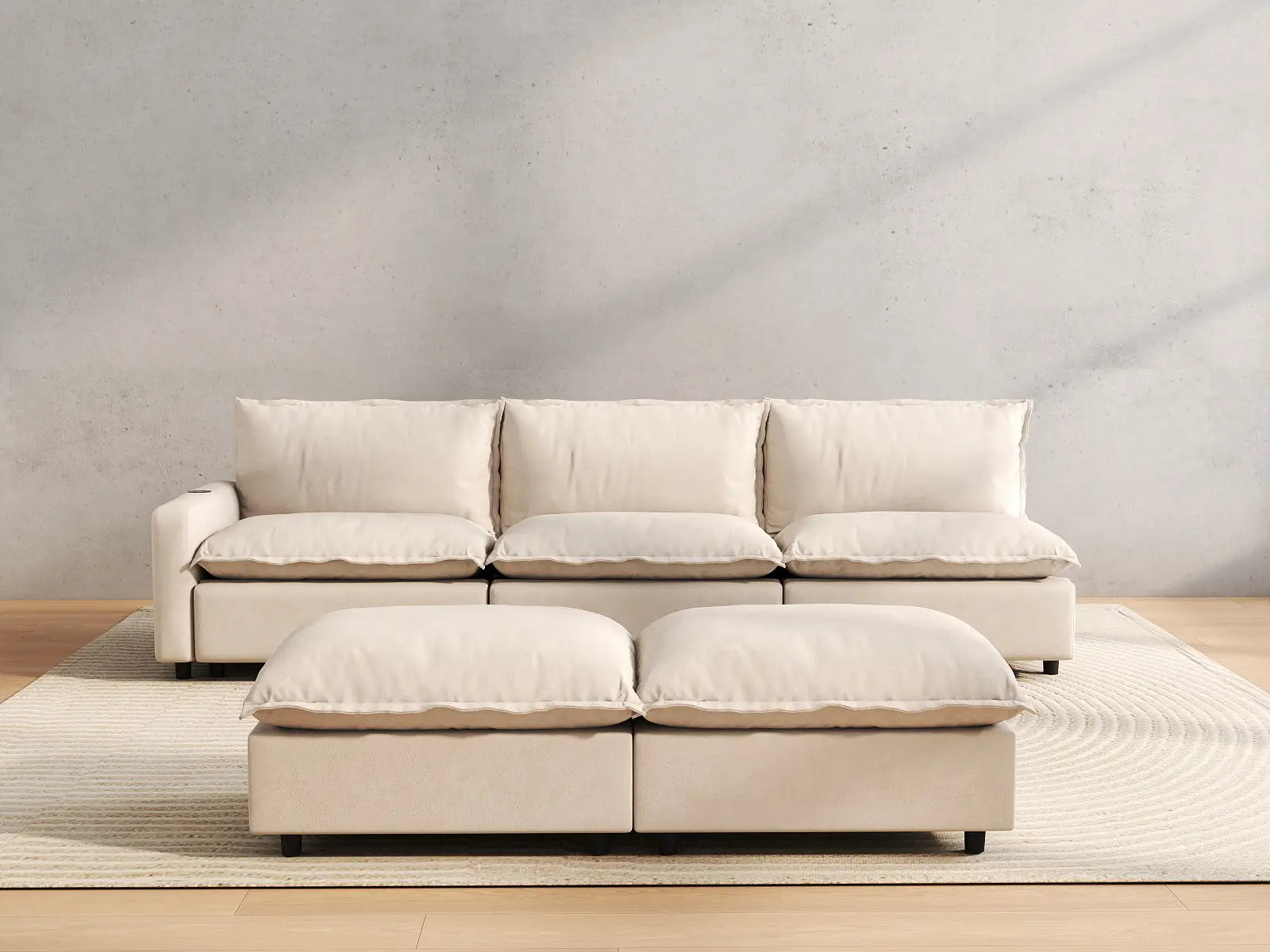 5 Piece Beige Linen Urban Chic Sofa Sets 3 Seater with 2 Ottomans 4