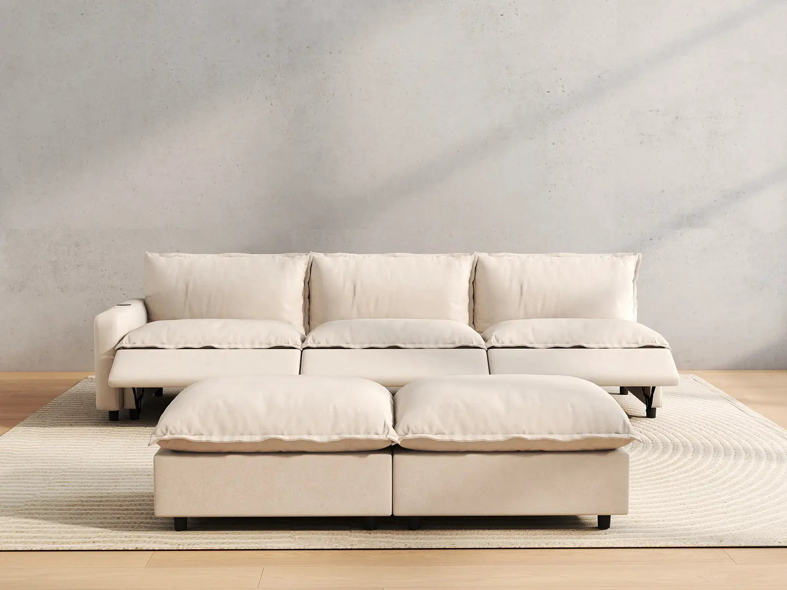 5 Piece Beige Linen Urban Chic Sofa Sets 3 Seater with 2 Ottomans 5