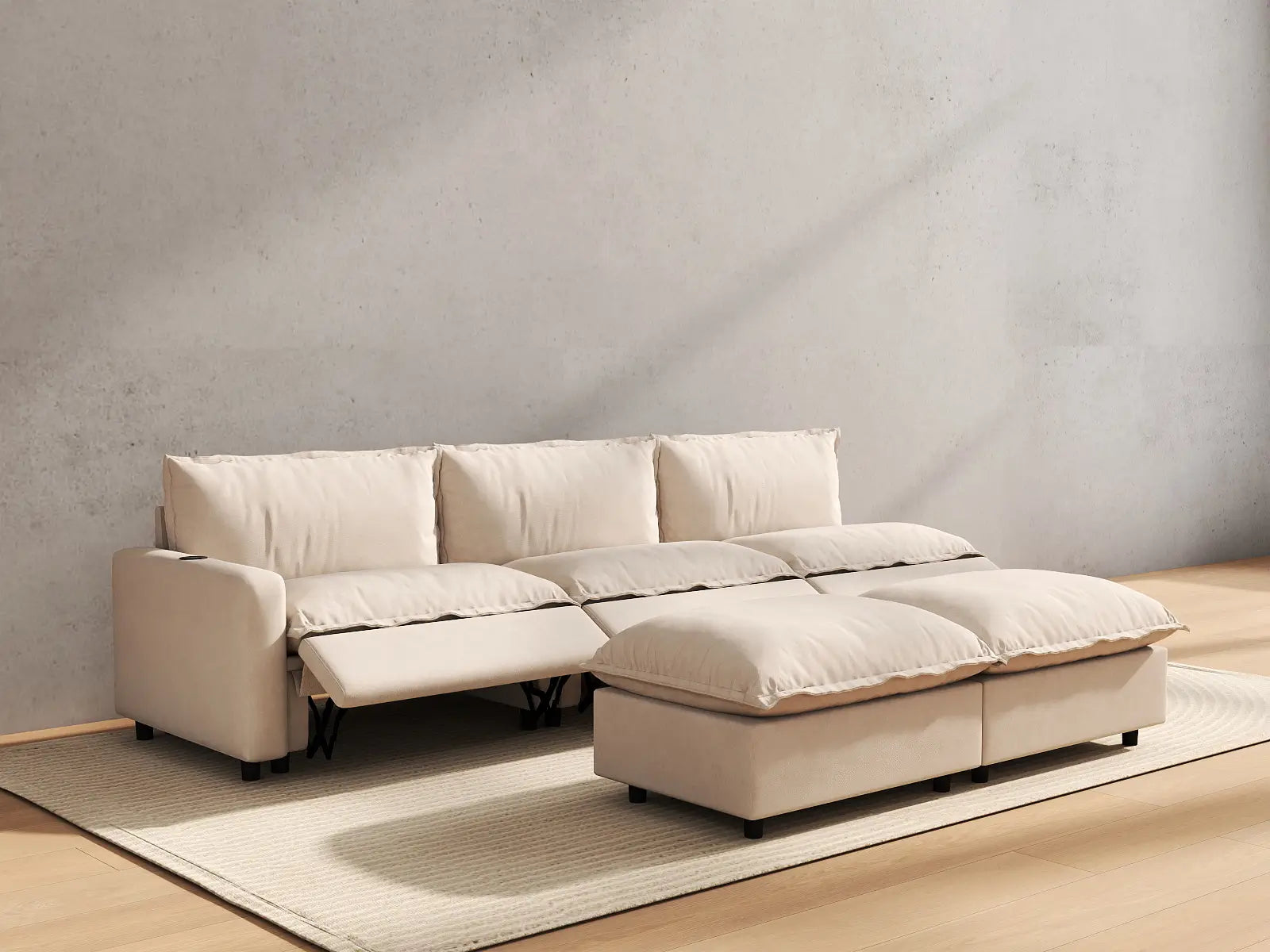 5 Piece Beige Linen Urban Chic Sofa Sets 3 Seater with 2 Ottomans 6