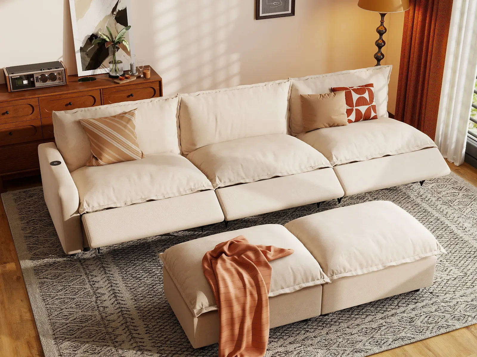5 Piece Beige Linen Urban Chic Sofa Sets 3 Seater with 2 Ottomans 7