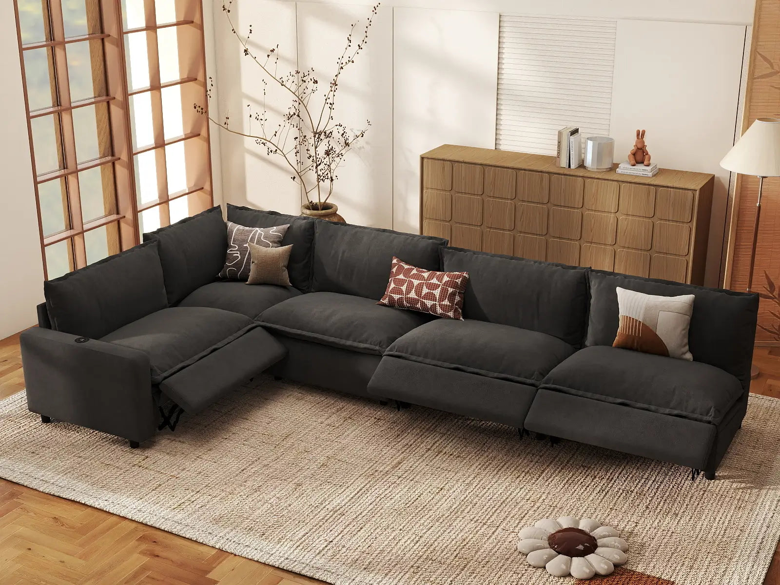5 Piece Grey Linen American Classic L Shaped Sectionals 5 Seater 1