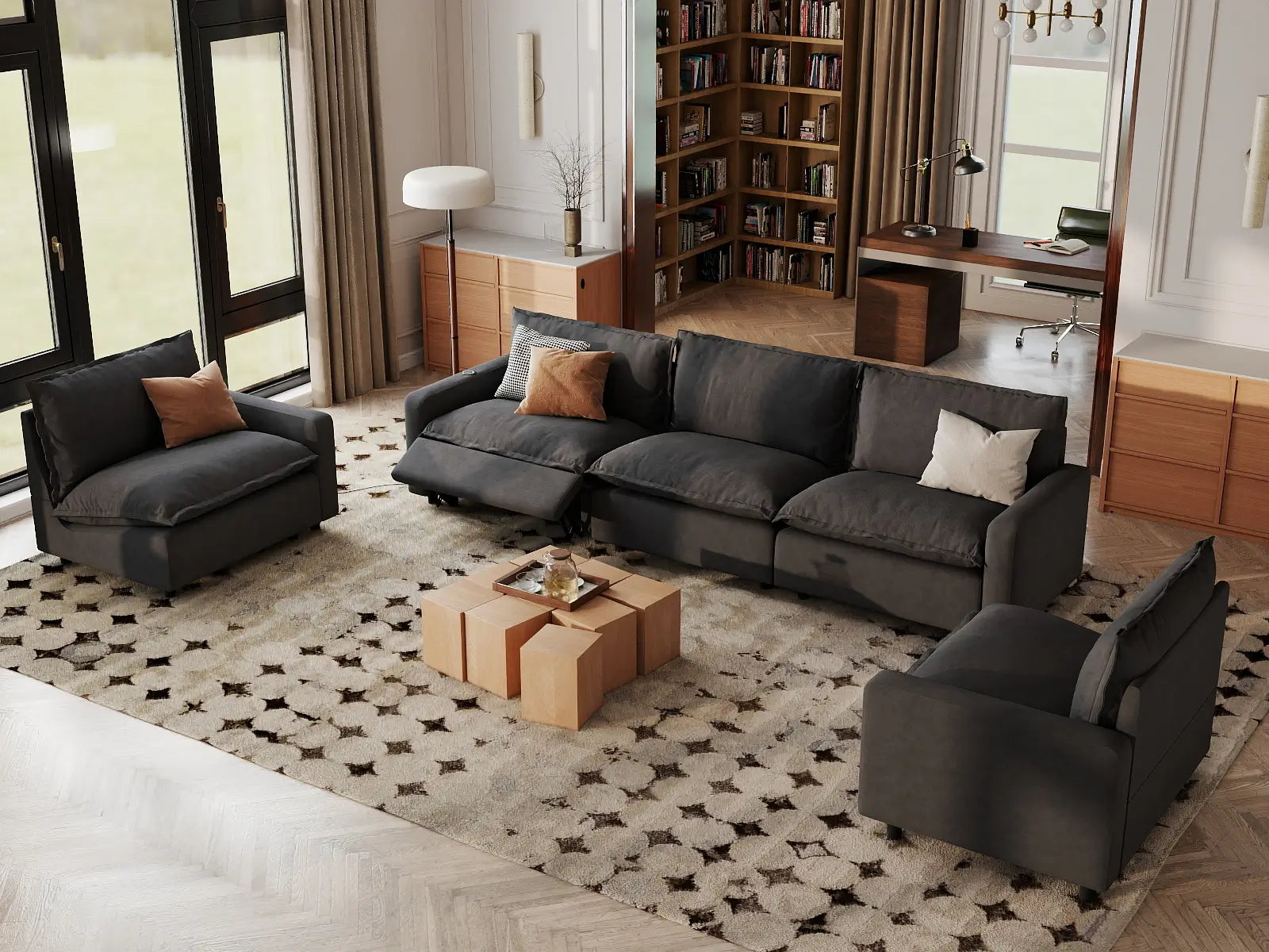 5 Piece Grey Linen Grand Estate U Shaped Sectionals 5 Seater 1