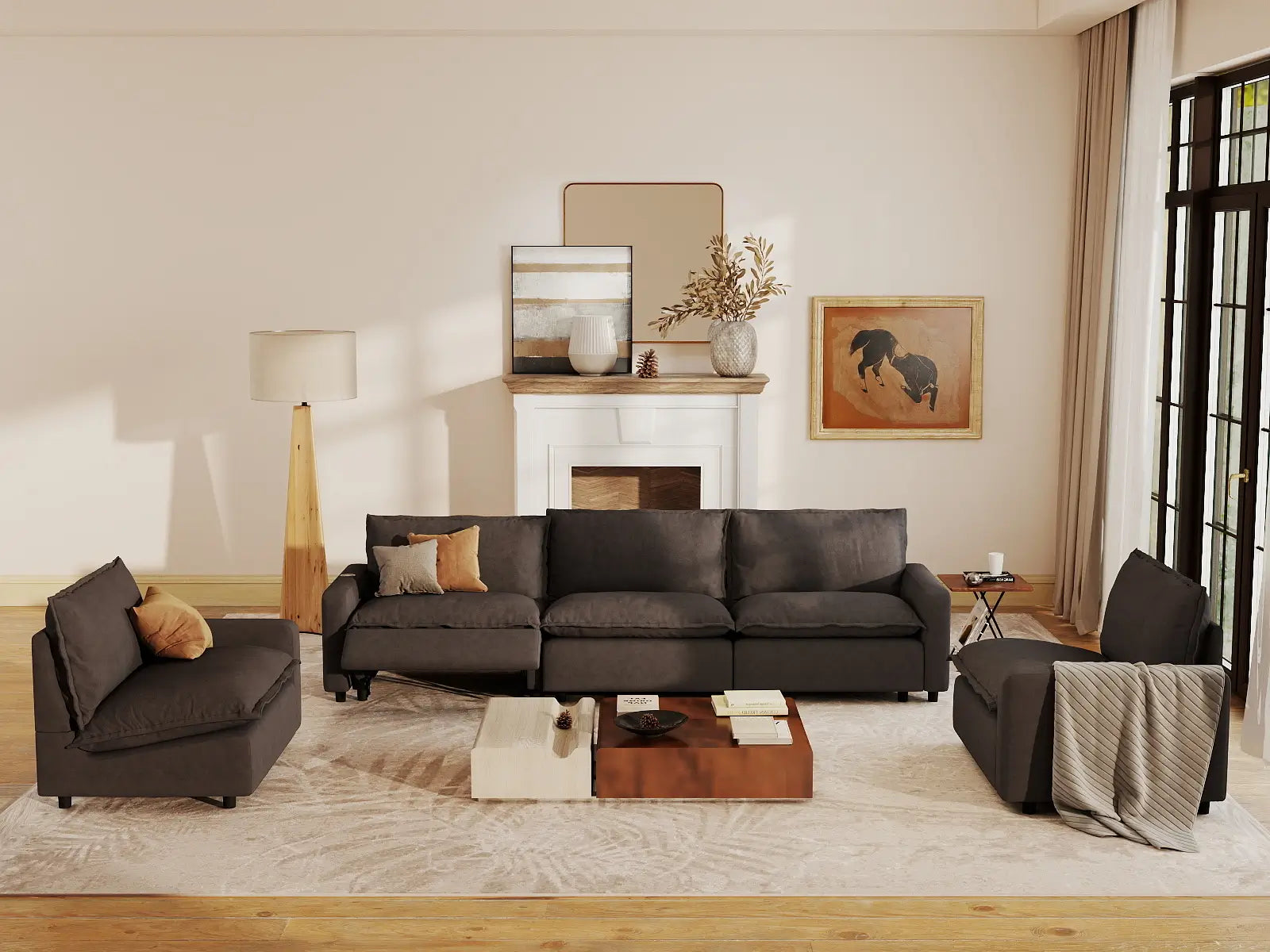 5 Piece Grey Linen Grand Estate U Shaped Sectionals 5 Seater 7