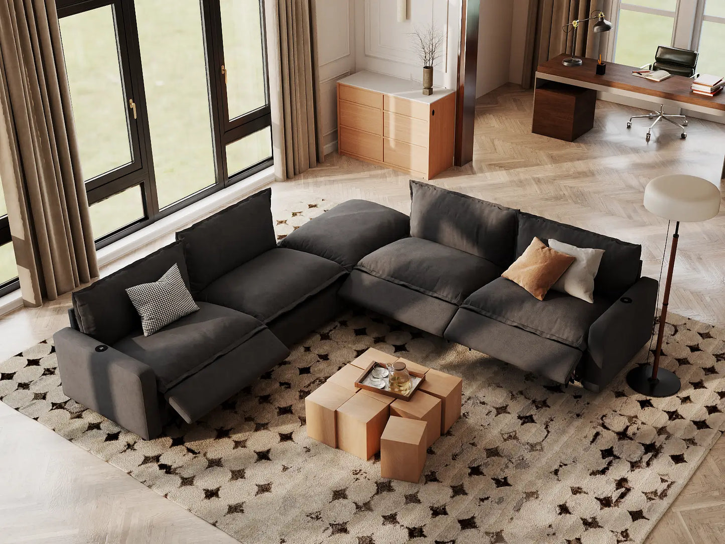 Modular Cero Reclining Sectionals | 5-Piece Grey Linen Grand Estate V-Shaped Sectionals 4-Seater with 1-Ottoman