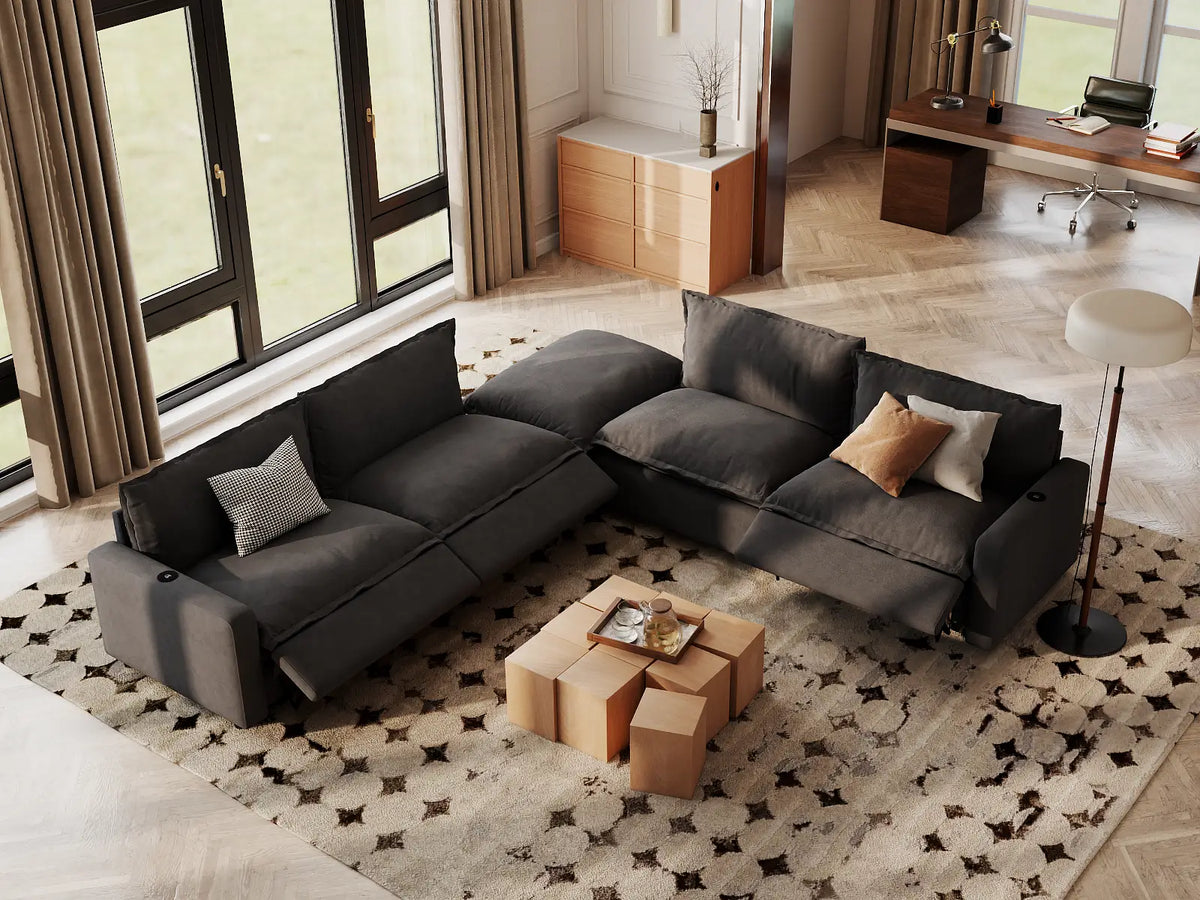 Modular Cero Reclining Sectionals | 5-Piece Grey Linen Grand Estate V-Shaped Sectionals 4-Seater with 1-Ottoman
