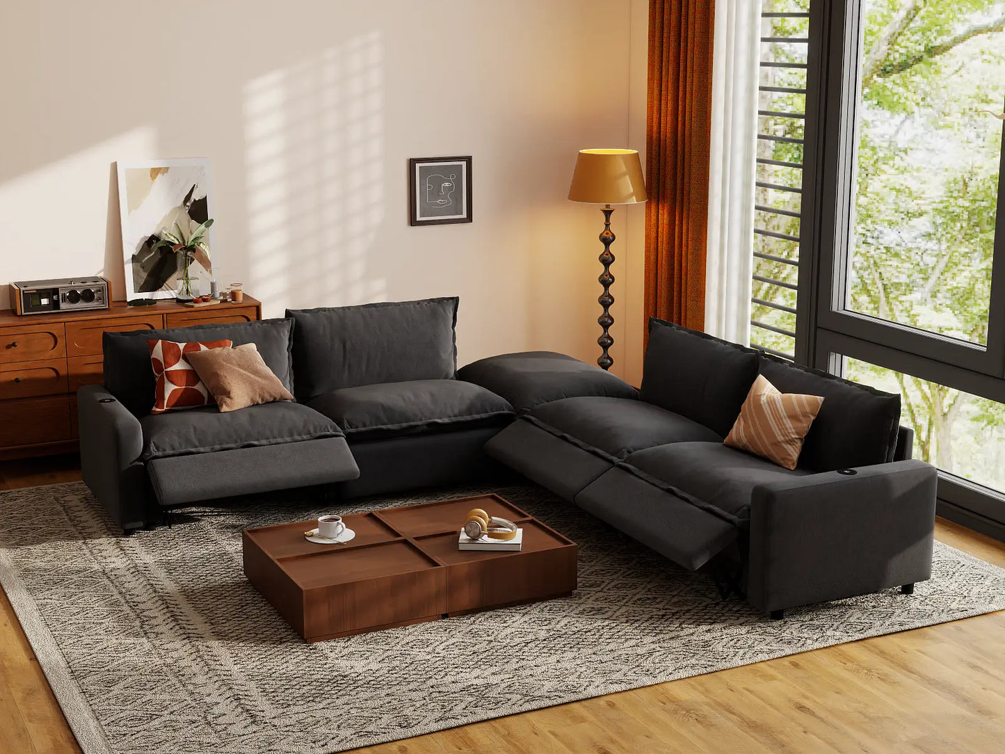 Modular Cero Reclining Sectionals | 5-Piece Grey Linen Grand Estate V-Shaped Sectionals 4-Seater with 1-Ottoman