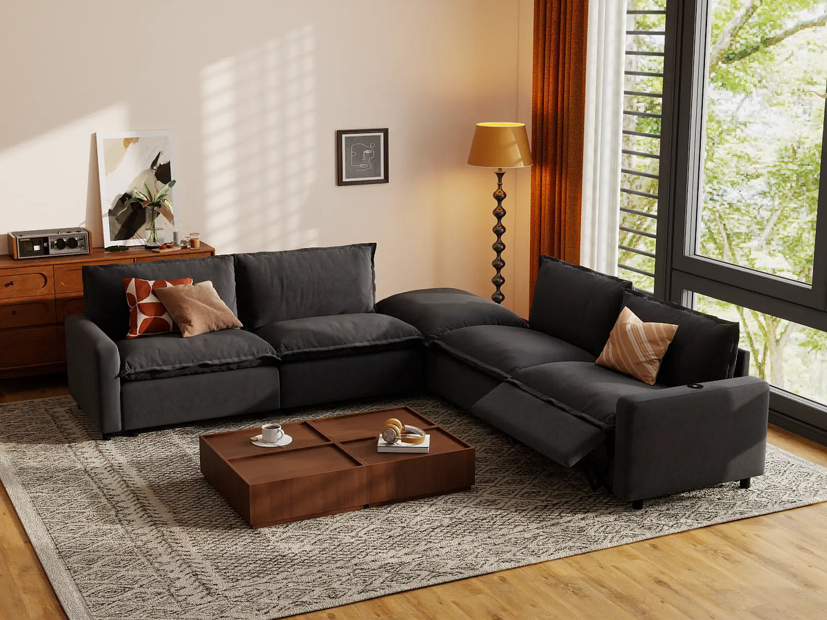 Modular Cero Reclining Sectionals | 5-Piece Grey Linen Grand Estate V-Shaped Sectionals 4-Seater with 1-Ottoman