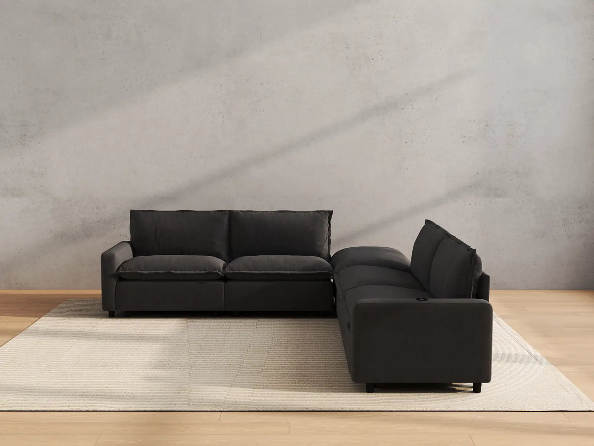 Modular Cero Reclining Sectionals | 5-Piece Grey Linen Grand Estate V-Shaped Sectionals 4-Seater with 1-Ottoman