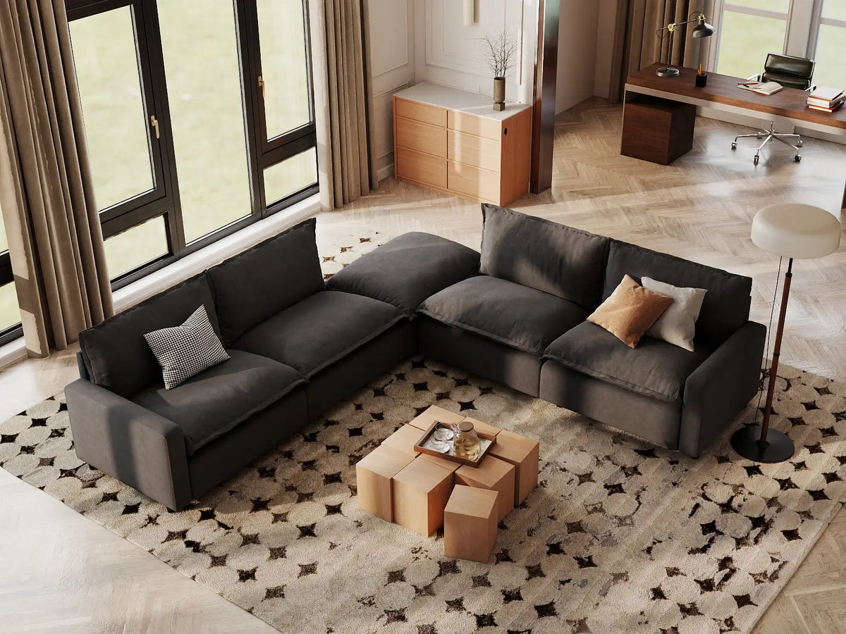 Modular Cero Modular Sectionals | 5-Piece Grey Linen Grand Estate V-Shaped Sectionals 4-Seater with 1-Ottoman