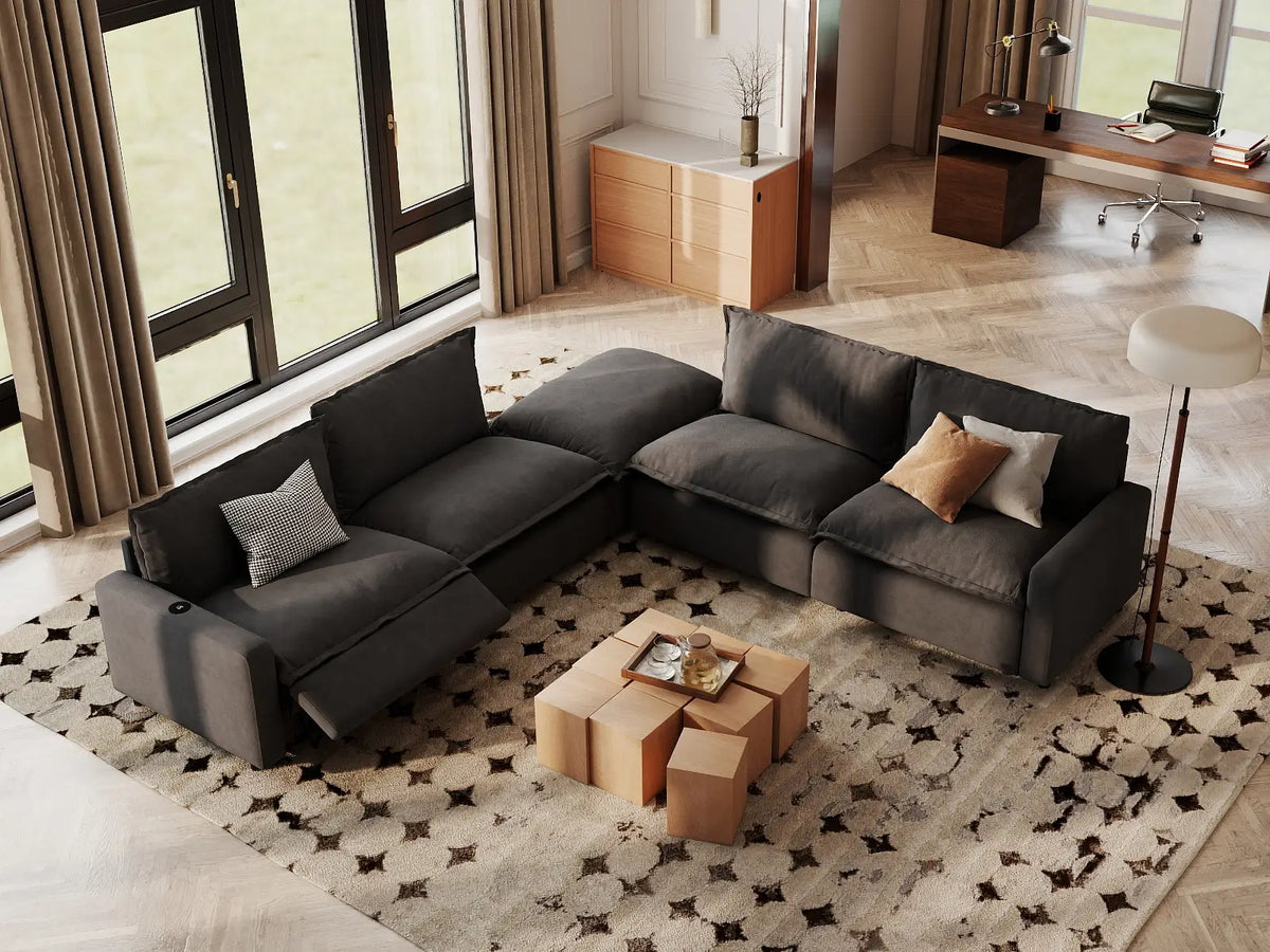 Modular Cero Reclining Sectionals | 5-Piece Grey Linen Grand Estate V-Shaped Sectionals 4-Seater with 1-Ottoman