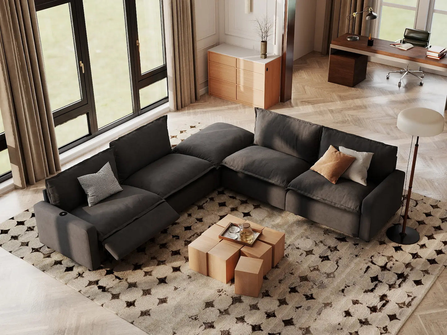 Modular Cero Reclining Sectionals | 5-Piece Grey Linen Grand Estate V-Shaped Sectionals 4-Seater with 1-Ottoman