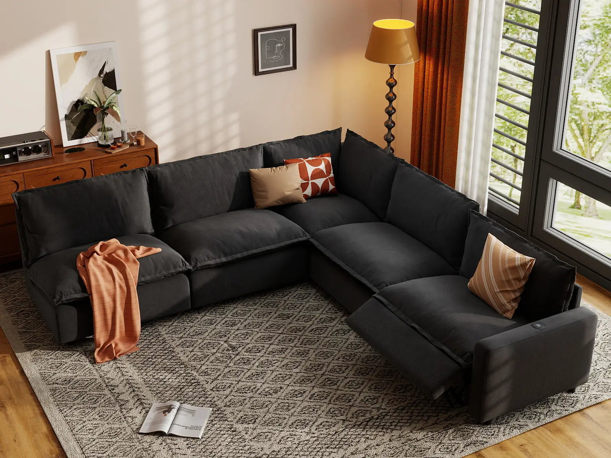 5 Piece Grey Linen High Ceiling Room V Shaped Sectionals 5 Seater 1