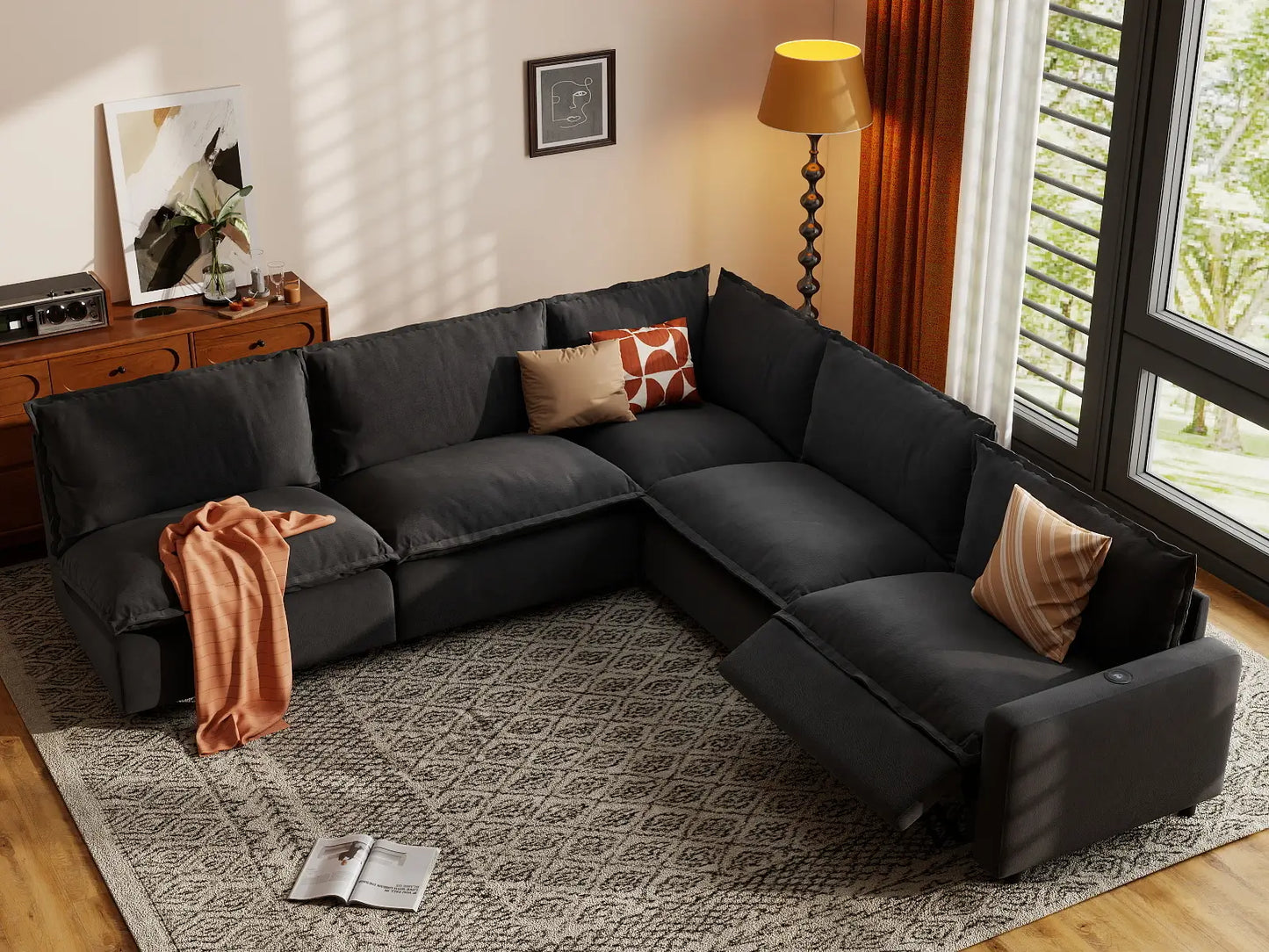 5 Piece Grey Linen High Ceiling Room V Shaped Sectionals 5 Seater 1