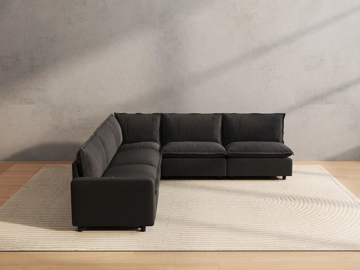 5 Piece Grey Linen High Ceiling Room V Shaped Sectionals 5 Seater 4
