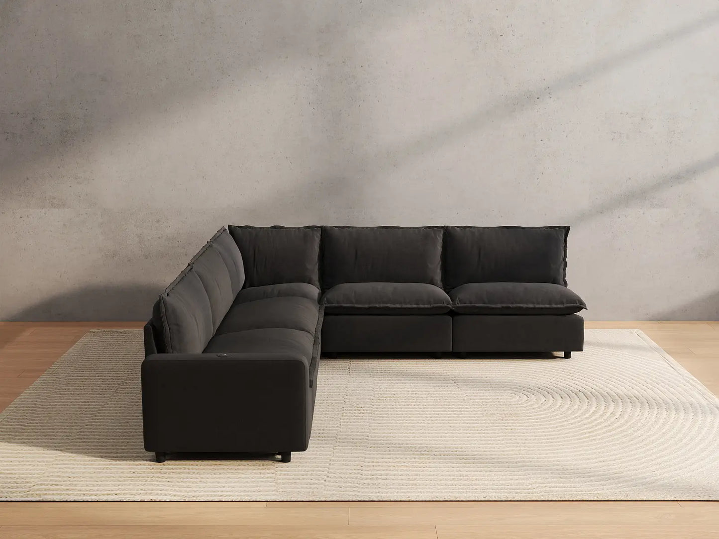 5 Piece Grey Linen High Ceiling Room V Shaped Sectionals 5 Seater 4